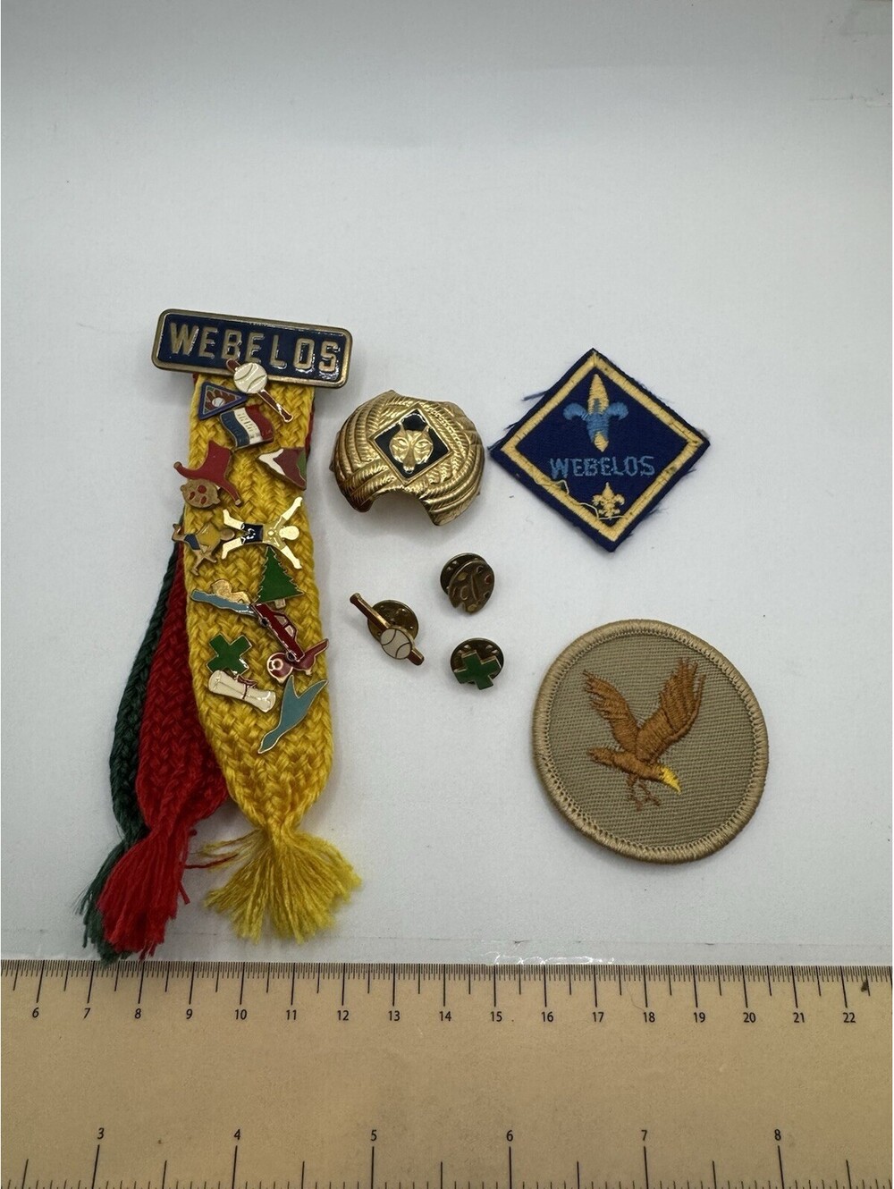 Vintage Boy Scouts Webelos Lot Pins Tassels Neckerchief Slide Eagle Patches BSA